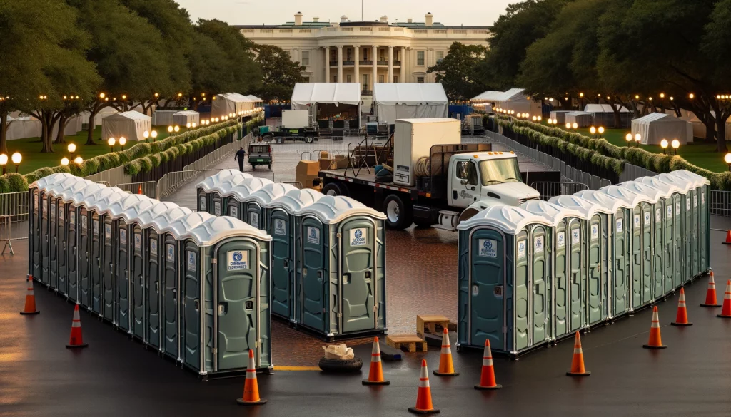 Festival porta potty bank with barricades in Hillsdale, Michigan